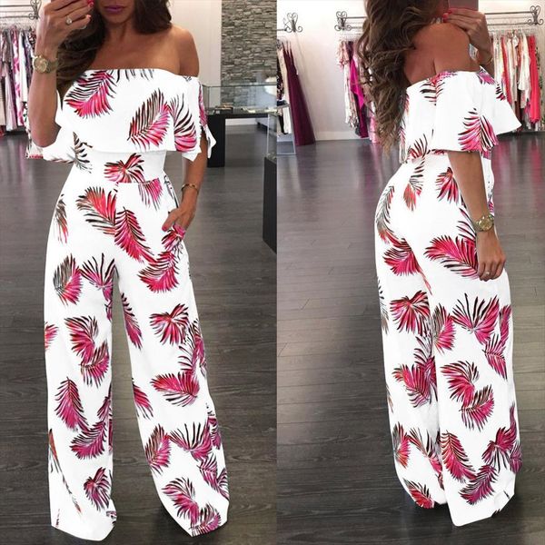 

vintage boho beach casual womens jumpsuits off shoulder floral leaf printed elegant loose party night playsuit mujer 25, Black;white