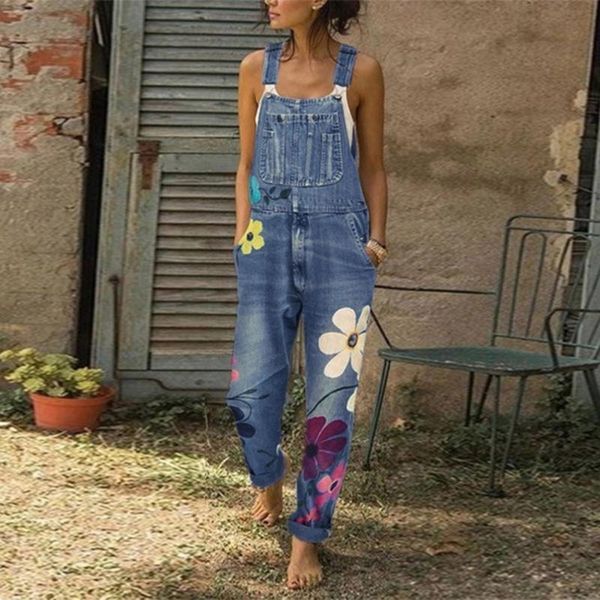

women's pants & capris floral print denim long rompers pocket high street loose jumpsuits trousers taille haute femme #g3, Black;white