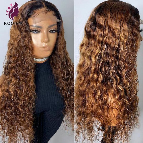 

lace wigs water wave ombre brown color curly wig remy front human hair 13x6x1 deep 1b/30 t part black women, Black;brown