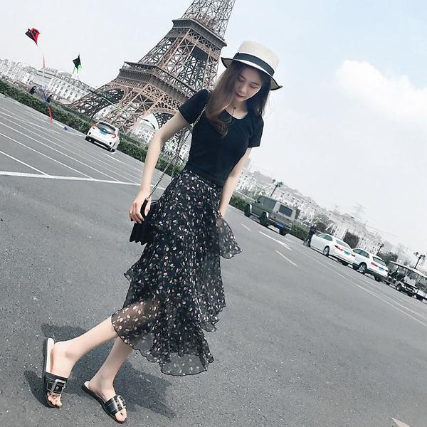 

skirts chiffon floral skirt women's medium and long summer high display elastic waist, Black