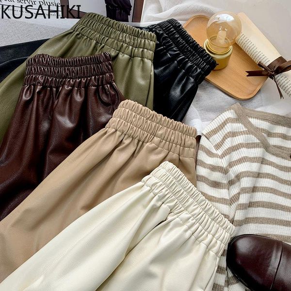 

women's shorts kusahiki elegant wide leg pu leather woman korean stretch high waist bottoms 2021 autumn short feminimos 6z537, White;black