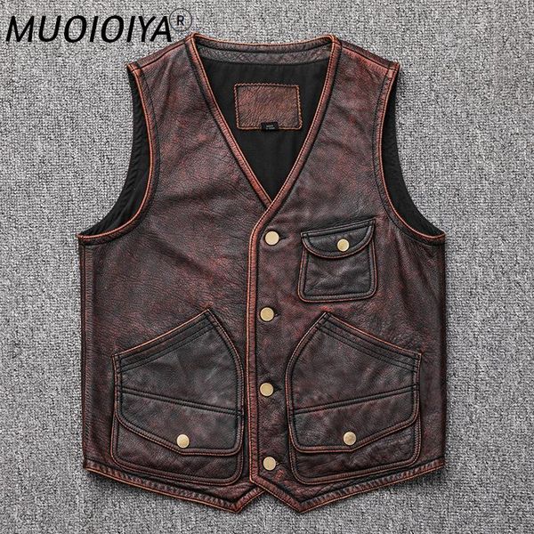 

men's leather & faux 2021 genuine vest men's short motorcycle layer cowhide retro style distressed, Black