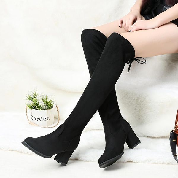 

boots female thick heels high shoes large size women's high-heeled non-slip suede long plus velvet warm cotton, Black