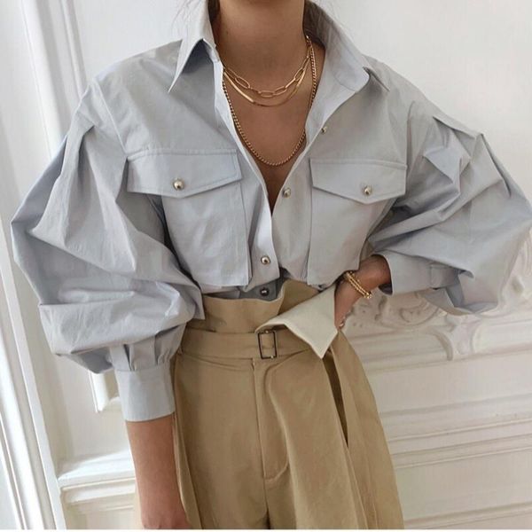 

women's blouses & shirts chic elegant loose single-breasted for women 2021 autumn fashion full sleeve pockets female blouse, White