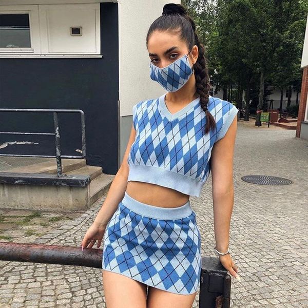 

women's tracksuits blue check knit two-piece suit sleeveless v-neck argyle wool vest and tight mini hip skirt casual style, Gray