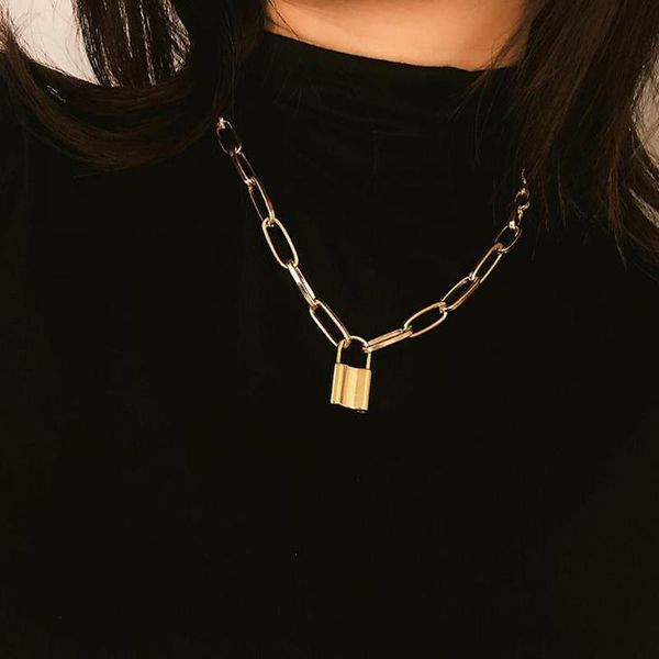 

pendant necklaces rock choker lock necklace for women christmas gift 2021 punk gold chunky chain mujer key padlock party jewelry, Silver