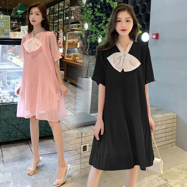 

maternity dresses 06899# clothes summer short sleeves easy matching loose bow collar dress pregnant women mom, White