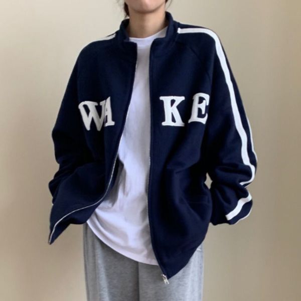 

women hoodie 2021 new autumn velvet plus thick baseball uniform cardigan sweater loose leisure college kawaii women's jacket a823, Black