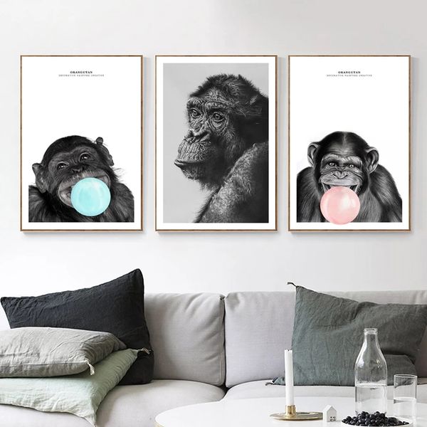 

bubble chewing gum monkey animal posters canvas art painting wall picture for living room home decoration combination paintings