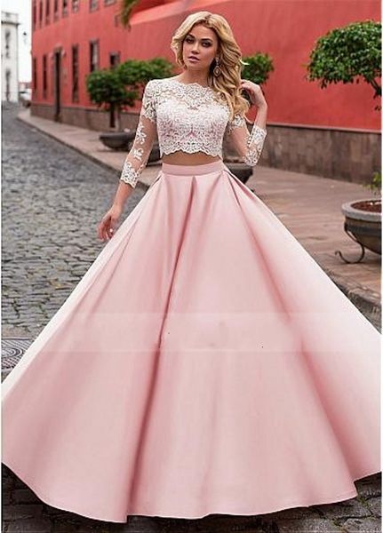 

new vestidos 2021 de festa elegant two-piece pink evening es fashionable lace satin boat a-line long prom party gowns custom made p3vo, Black;red