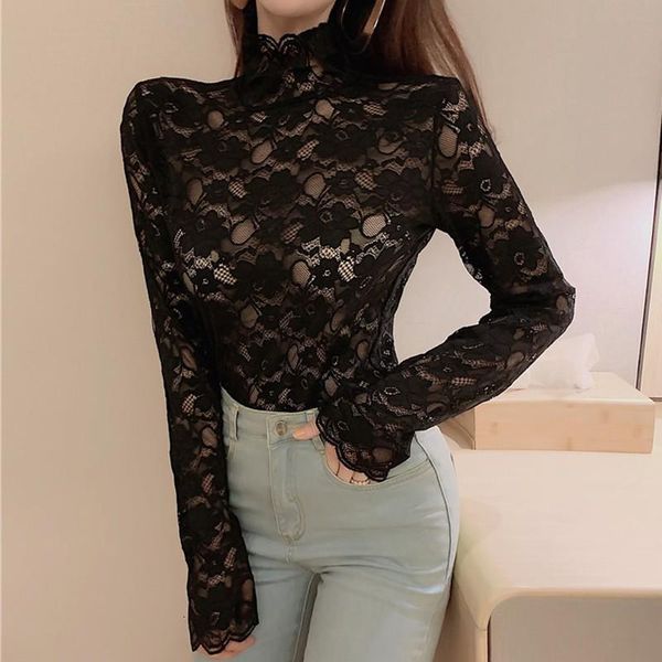 

lace hollow t-shirt women fashion solid color lady high collar long sleeve jacquard t shirts, White