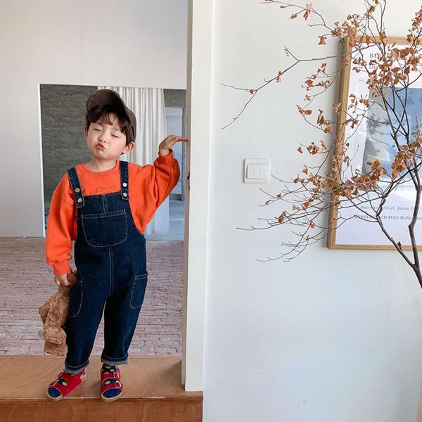 

treebibi children's wear 2021 spring new simple strap pants korean style jeans, Blue