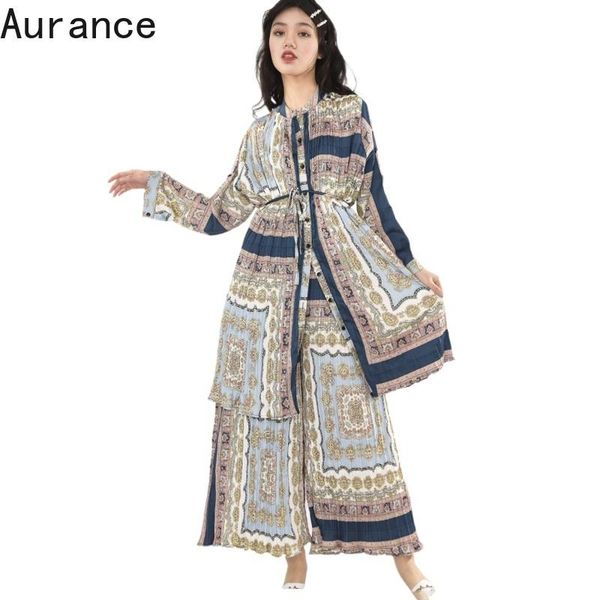 

women's two piece pants [aurance] women fashion wide leg pattern printed big sizetwo suit stand collar long sleeve spring autumn 2021, White