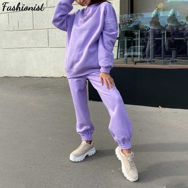

heart print women's tracksuit suit fleece oversize long sleeve hooded hoodie set tracksuits autumn female sport pants suits 210709, White