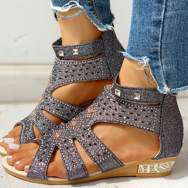 

dress shoes sarairis 2021 dropship gladiator zipper wedge comfortable heel summer women woman sandals leisure bling footwear female, Black