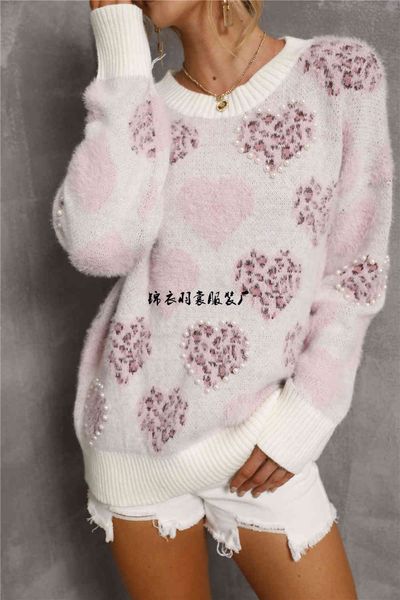 

2021 new autumn winter women's beaded love pullover large sweater, White