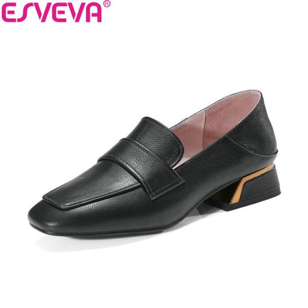 

dress shoes esveva 2021 women pumps med heels western style square cow leather pu toe shallow size 34-42, Black