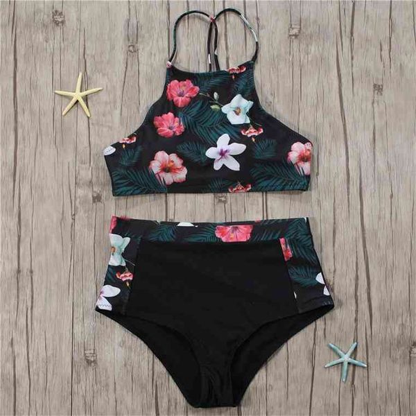 

2021 neck bikinis women swimwear high waist swimsuit retro print floral crop halter bikini set bating suit, White;black