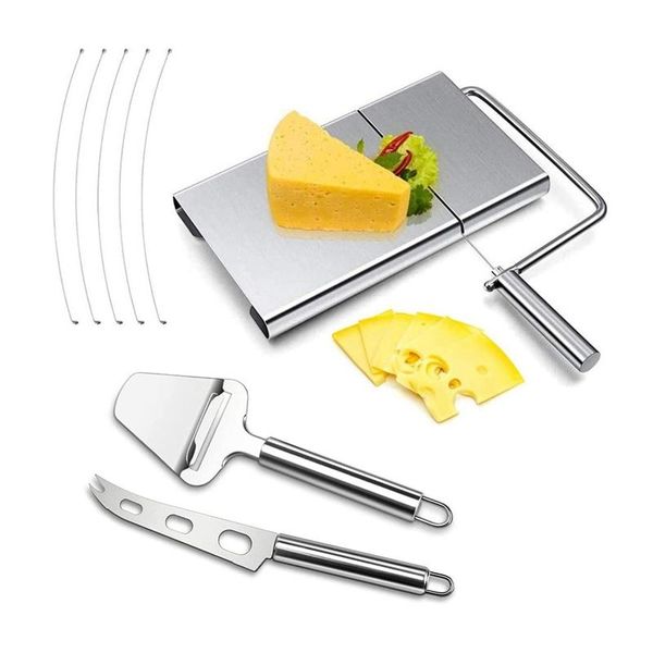 

food processors 3 pack stainless steel cheese slicer set, wire for butter, with knife & planer