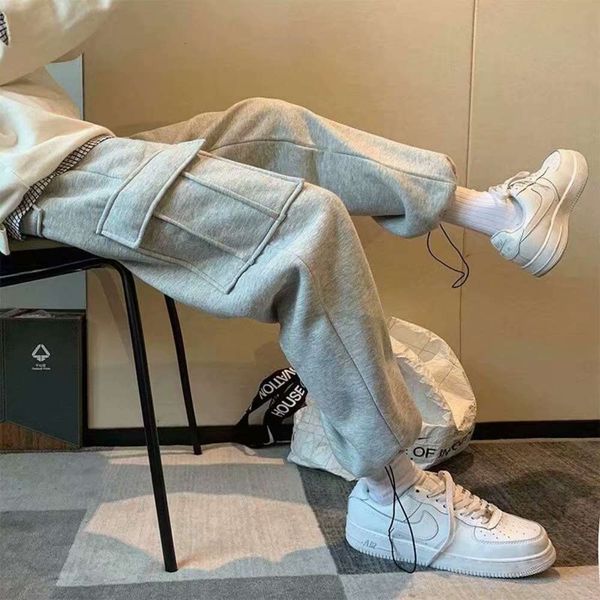 

casual pants men's autumn and winter plush thickened loose straight tubular tooling pants, Black