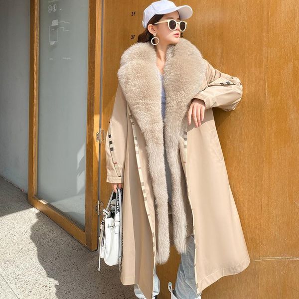 

women's fur & faux natural real collar parka rex lining long coats jackets overcome women female outerwear detachable 2021, Black