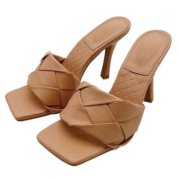 

slippers 2021 diamond knitting 10cm high heel slipper sandals women vintage square toe women's summer beach shoes y659-5, Black