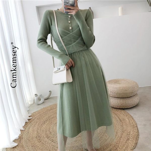 

casual dresses basic winter sweater dress women korean o-neck solid slim high waist sweet mesh patchwork knitted female vestidos, Black;gray
