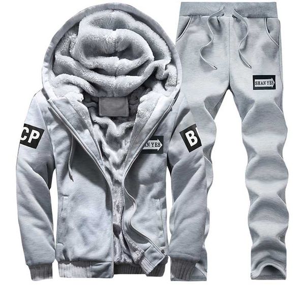 

tracksuit winter two pieces sets fleece thick hooded zipper jacket + pants warm 2 pcs sporting suit sportswears -4xl casual men 211106, Gray