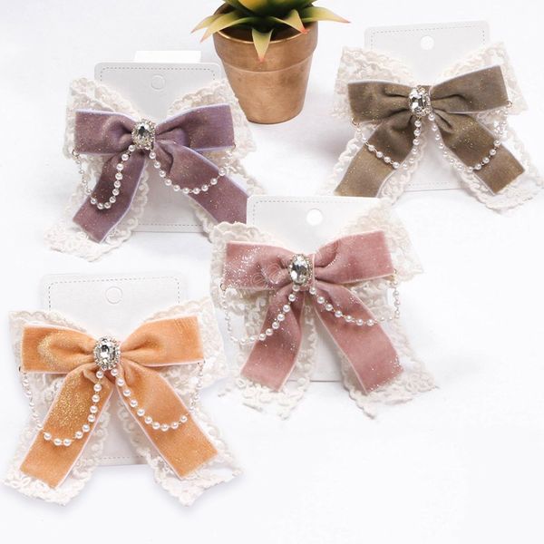

vintage velvet bowknot hair clips women elegant embroidered lace imitation pearls hair pins lolita clothing accessories hairpins, Golden;silver