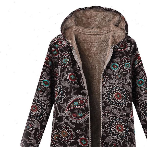 

coat women winter ethnic floral print warm fleece hooded jacket vintage zipper long sleeve plus size long coat yj2, Black;brown