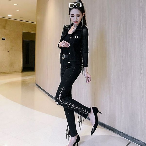 

women's vests spring denim female lapel vest unique breasted thin trim with sleeves jean jacket fashion bandage casual black jgpq, Black;white