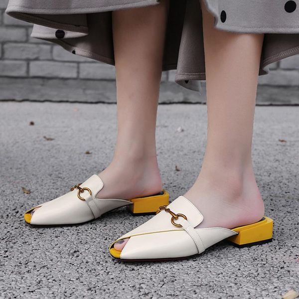 

kmeioo luxury brands leather muller shoes female new fashion classic slippers suqre toe outer wear loafers low heels sandals, Black
