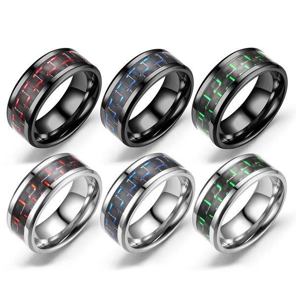 

wedding rings ywshk engravable 8mm men's stainless steel ring inlay red green blue carbon fiber band jewelry size 6-13 wholesale, Slivery;golden