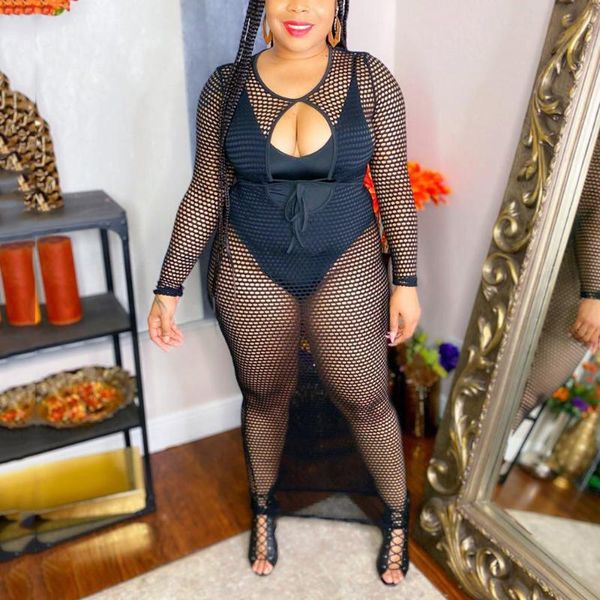 Casual Kleider Schwarz Mesh Kleid Transparent 4XL 5XL Plus Größe Bodycon Hohl Volle Hülse Hohe Taille Sex Abend Nacht Club tragen