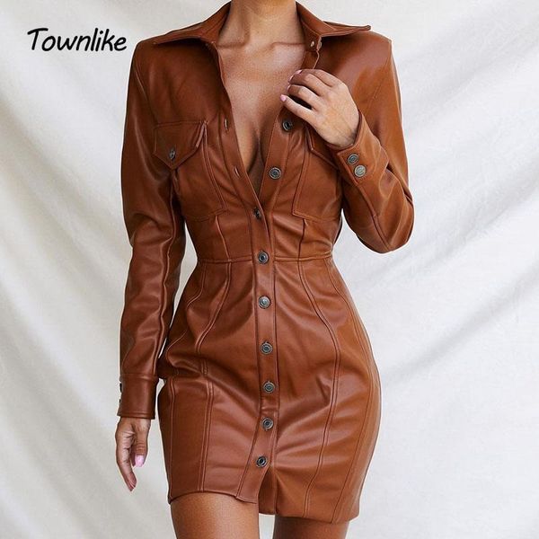 

townlike brown retro pocket pu leather dress women single-breasted bodycon mini autumn winter dress backless dresses 2021, Black;gray