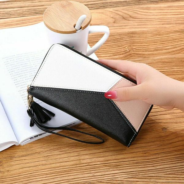 

wallets women ladies zipper pu leather wallet large patchwork wristband handbag card phone organizer money coin storage long cluth bag, Red;black