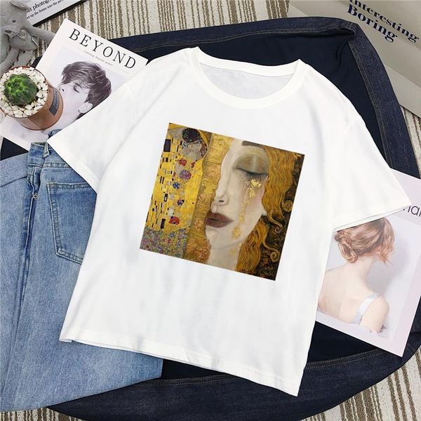 

gustav klimt oil painting womens t shirt aesthetics art vintage pattern sweet summer women mother baby print casual fun loose, White