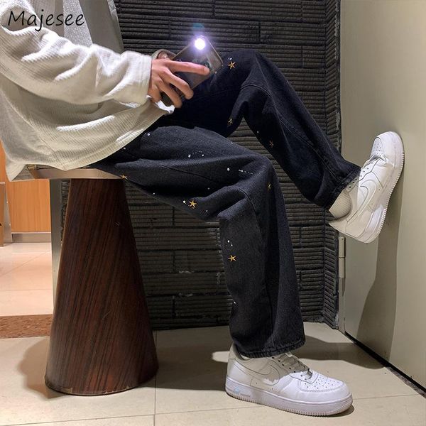 

men's jeans men denim star print loose straight wide-leg long trousers all-match students fashion streetwear ulzzang button up leisure, Blue