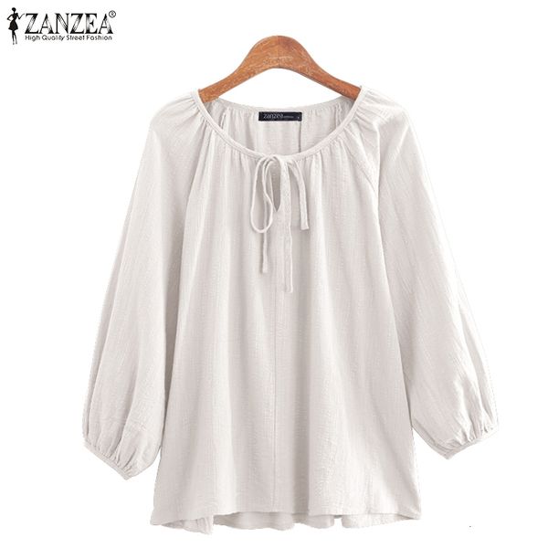 

new zanzea solid sleeve female vintage cotton shirt casual drawstring o neck blusa oversize womens 2021 summer blouses 5xl skyp, White;black