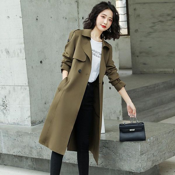 

women's trench coats windbreaker middle and long style 2021 autumn clothes atmospheric british army green work vertical, Tan;black