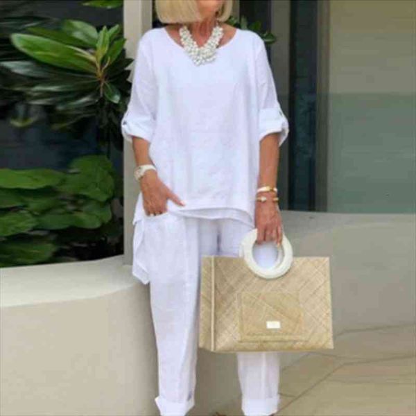 

autumn casual solid loose two piece women sets elegant round neck long sleeve and long pant suits female homewear outfits, White