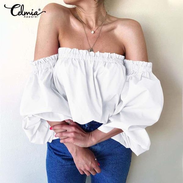

fashion women's blouses celmia off shoulder lantern sleeve elegant office shirts summer casual solid club blusas1, White