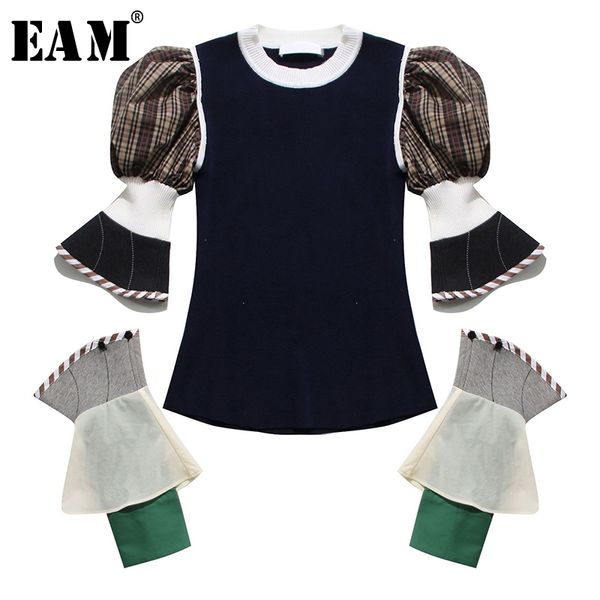 

[eam] women plaid split knitting temperament t-shirt new round neck long puff sleeve fashion tide spring summer 2021 1t923 210302, White