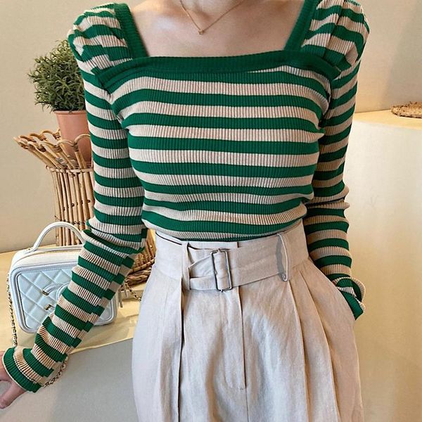 

women's sweaters korean fresh chic hit color stripe sweater autumn square collar pullover long sleeve elastic knitted woman, White;black