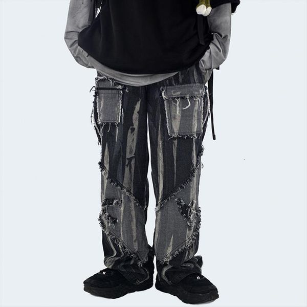 

black cool punk washed womens jeans man vintage tassel bleached broken ankle length gothic button zip long trousers, Blue