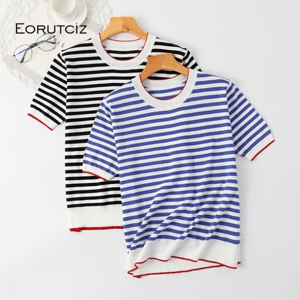 

women's t-shirt sedutmo summer stripe t shirt women knitted harajuku short sleeve patchwork shirts slim spring casual tee ed1060, White