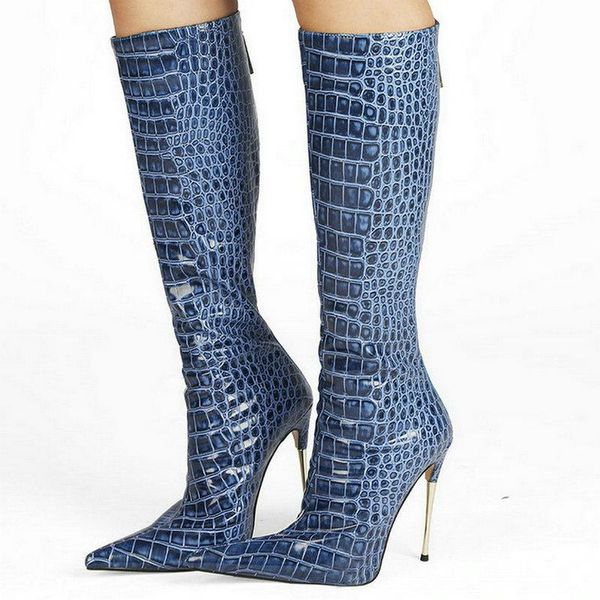 

boots 2021 women knee high thin heel pointed toe ladies calf faux leather back zipper party women's, Black