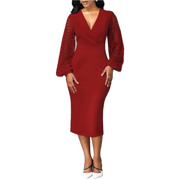 

casual dresses woman dress 2021 spring v neck long party women vintage plus size slim hollow out sleeve office, Black;gray