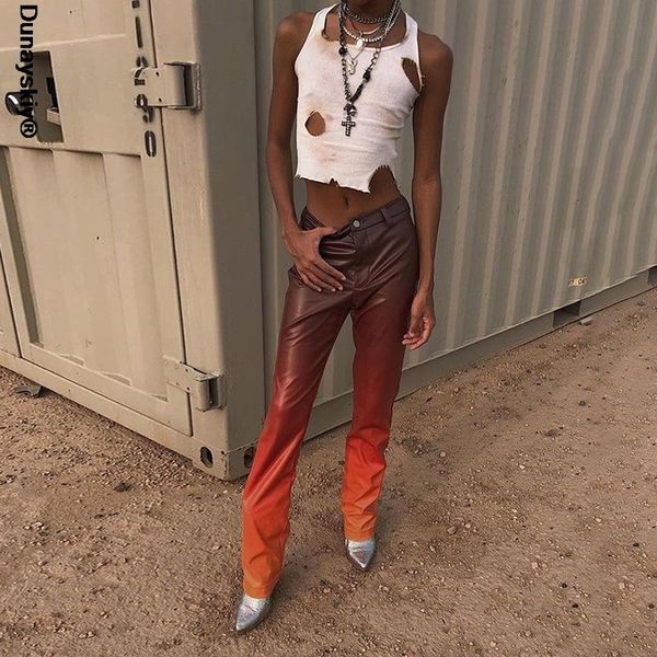 

women's pants & capris women gradient colorful y2k faux leather straight vintage office lady slim 2021 spring fashion streetwear trouse, Black;white