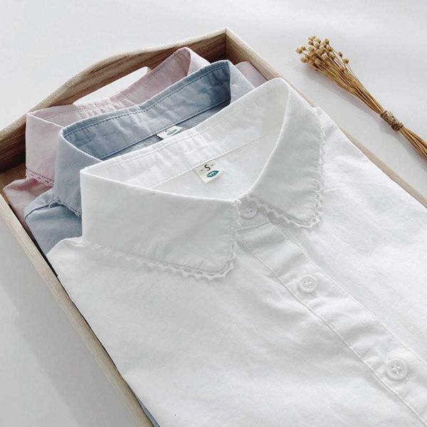 

women's blouses & shirts spring korea fashion women long sleeve casual 100% cotton ladies lace turn-down collar w6ic, White